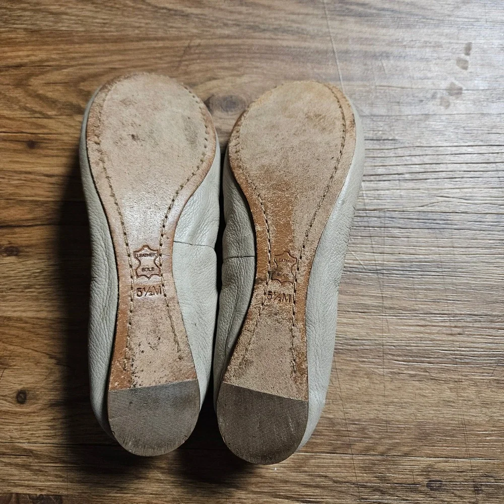 Tory‎ Burch Caroline Scrunch Ballet Flats 5.5 M French Gray Leather Gold Logo